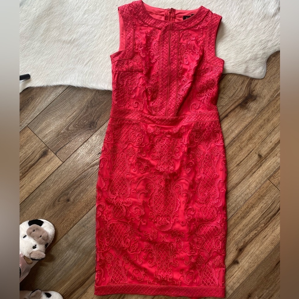 Tadashi Shoji Embroidered Tulle Keyhole Neckline Dress Coral